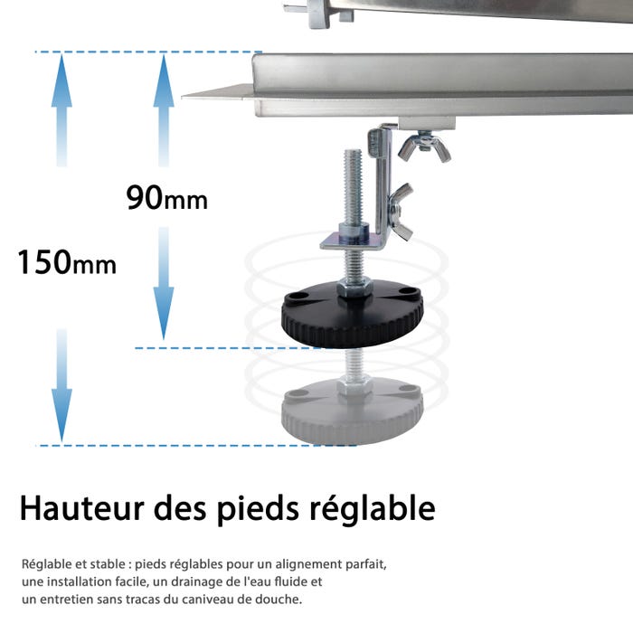 AICA caniveau de douche en acier inoxydable italien+siphon 360°,siphon de drainage au sol en carrelage,réglable en hauteur avec désodorisant- 70cm 1