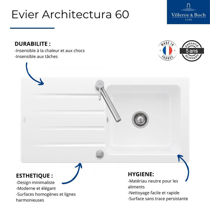 Evier VILLEROY ET BOCH Architectura 60 vidage auto + Robinet de cuisine Como Shower Acier Massif Poli 1