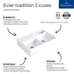 Evier timbre d'office VILLEROY ET BOCH Tradition 89,5 x 63 céramique vidage auto blanc + Cache bonde bronze 2