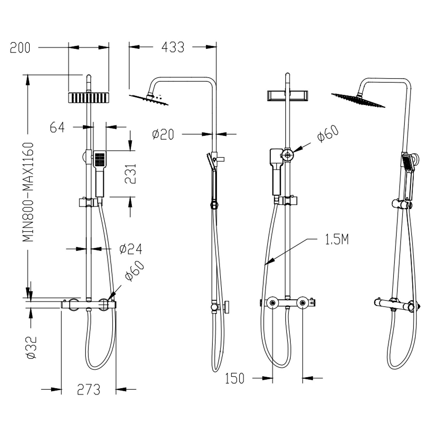 OCEAN Colonne de douche thermostatique, système de douche réglable en hauteur, chromé avec douchette carrée 200 mm + douchette à main 1