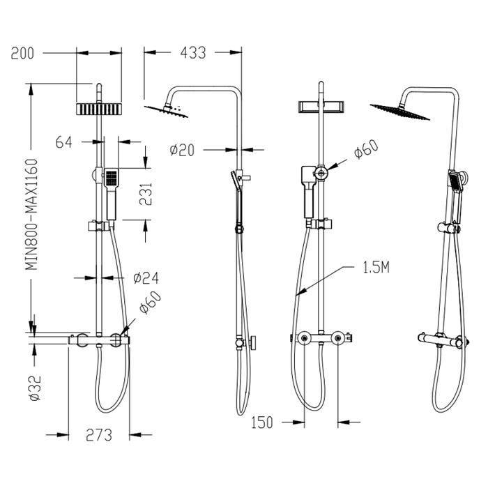 OCEAN Colonne de douche thermostatique, système de douche réglable en hauteur, chromé avec douchette carrée 200 mm + douchette à main 1