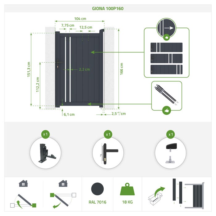 Portail coulissant 3,5x1,6m GIONA + Portillon GIONA H.1,6m gris 2