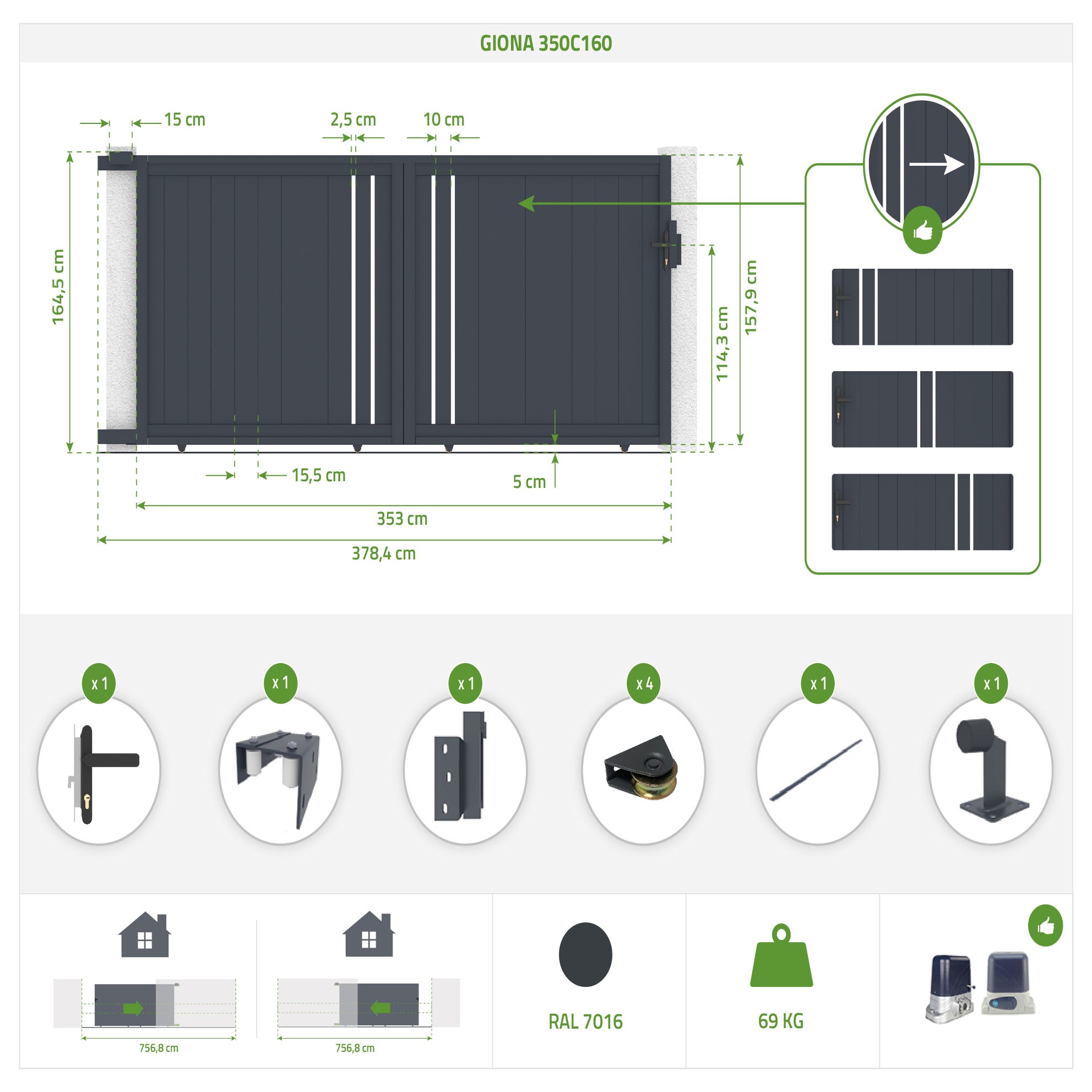 Portail coulissant 3,5x1,6m GIONA + Portillon GIONA H.1,6m gris 1
