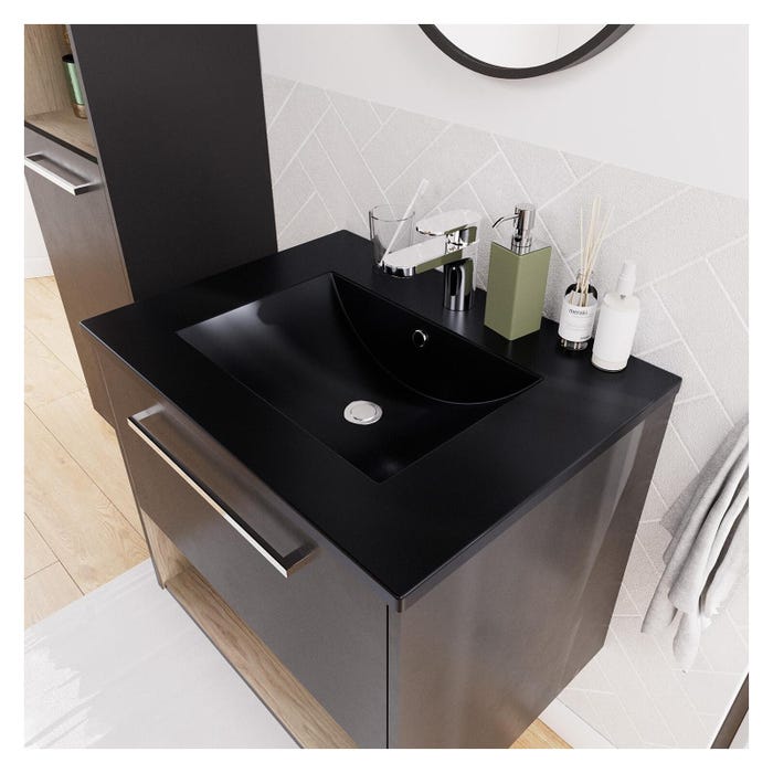 Ensemble meuble simple vasque 60cm noir + robinet + miroir + colonne NIKA 4