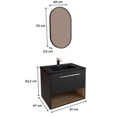 Ensemble meuble simple vasque 60cm noir + robinet + miroir + colonne NIKA 3