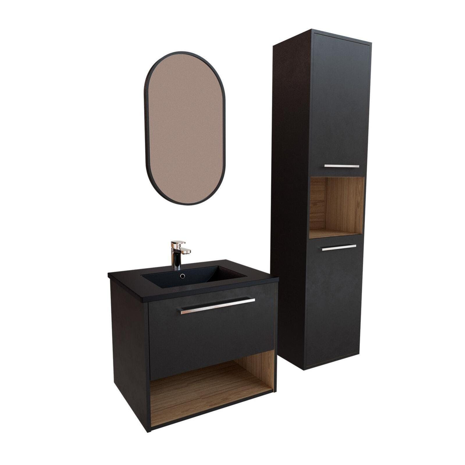 Ensemble meuble simple vasque 60cm noir + robinet + miroir + colonne NIKA 2