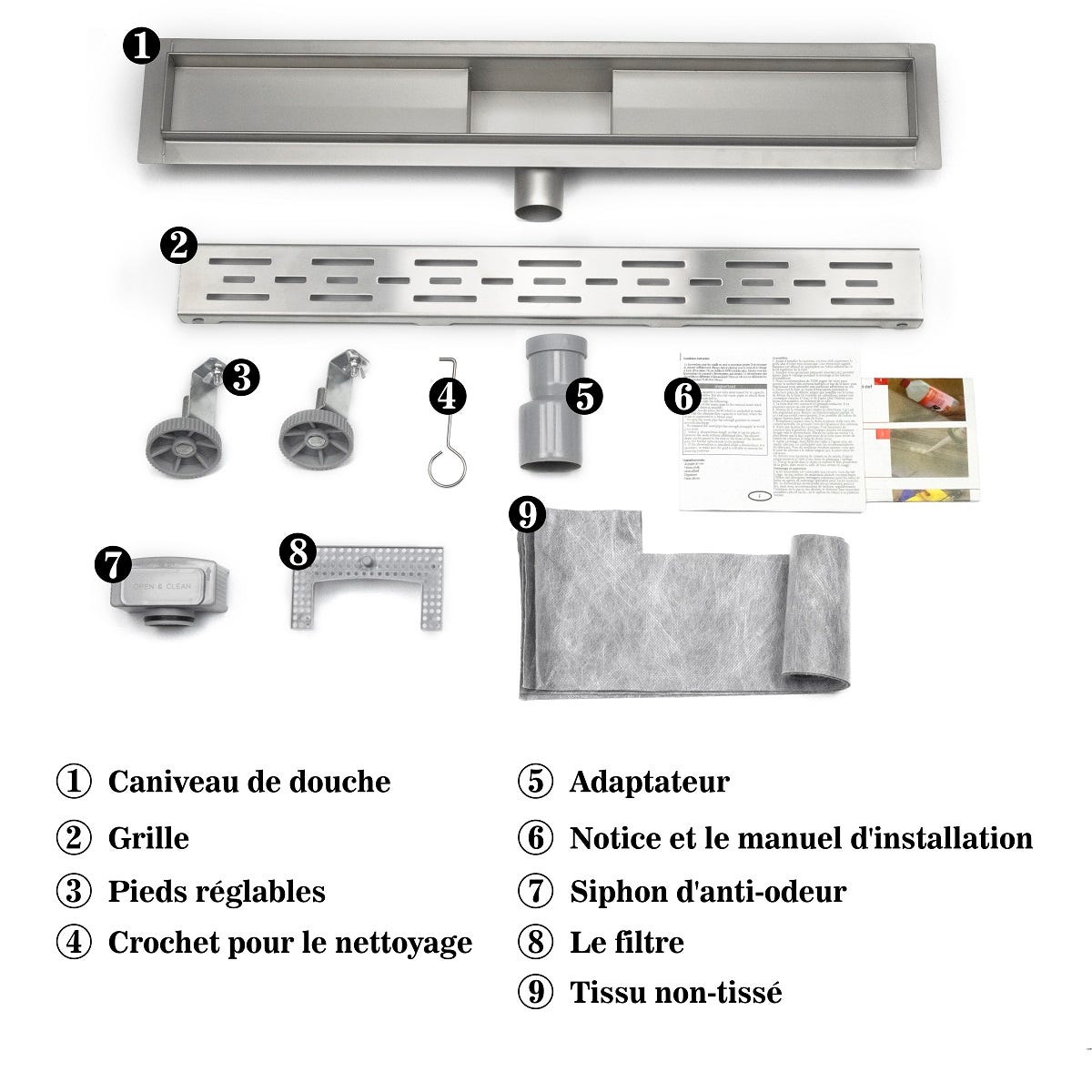 AICA caniveau de douche en acier inoxydable italien,siphon de drainage au sol en carrelage,réglable en hauteur avec désodorisant- Style 1-150 cm 2