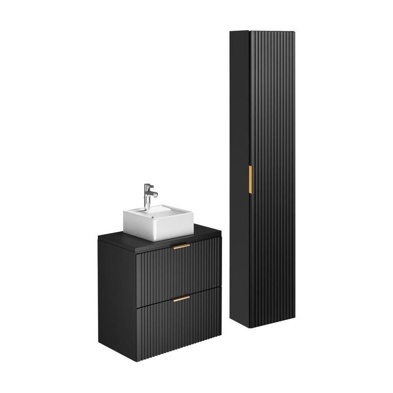 Meuble de salle de bain suspendu strié avec vasque à poser et colonne - Noir - 80 cm - ZEVARA 1