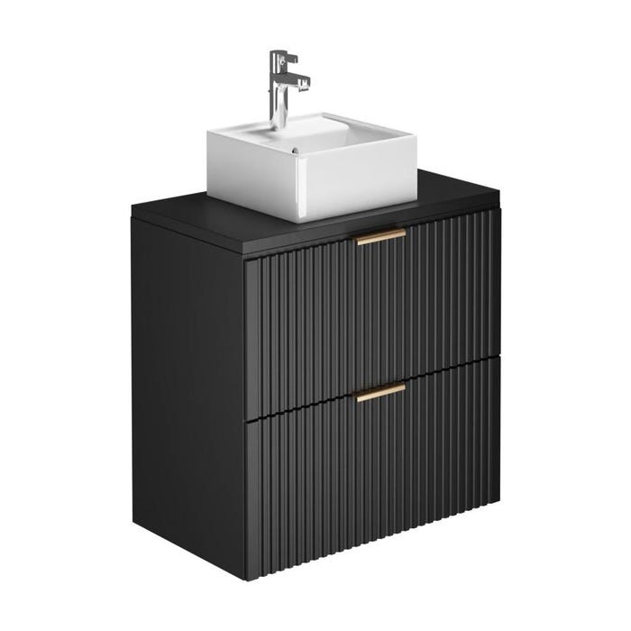Meuble de salle de bain suspendu strié avec vasque à poser et colonne - Noir - 80 cm - ZEVARA 2