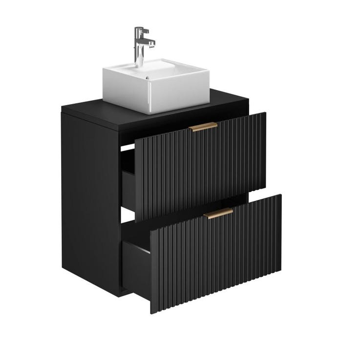 Meuble de salle de bain suspendu strié avec vasque à poser et colonne - Noir - 80 cm - ZEVARA 3