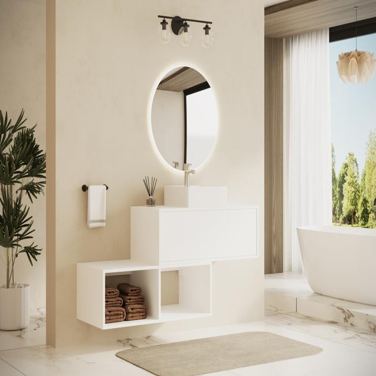 Meuble de salle de bain suspendu blanc avec vasque carrée - 1 tiroir et 2 niches - 94 cm - TEANA II 1
