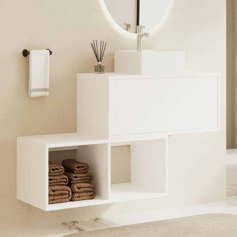 Meuble de salle de bain suspendu blanc avec vasque carrée - 1 tiroir et 2 niches - 94 cm - TEANA II 0