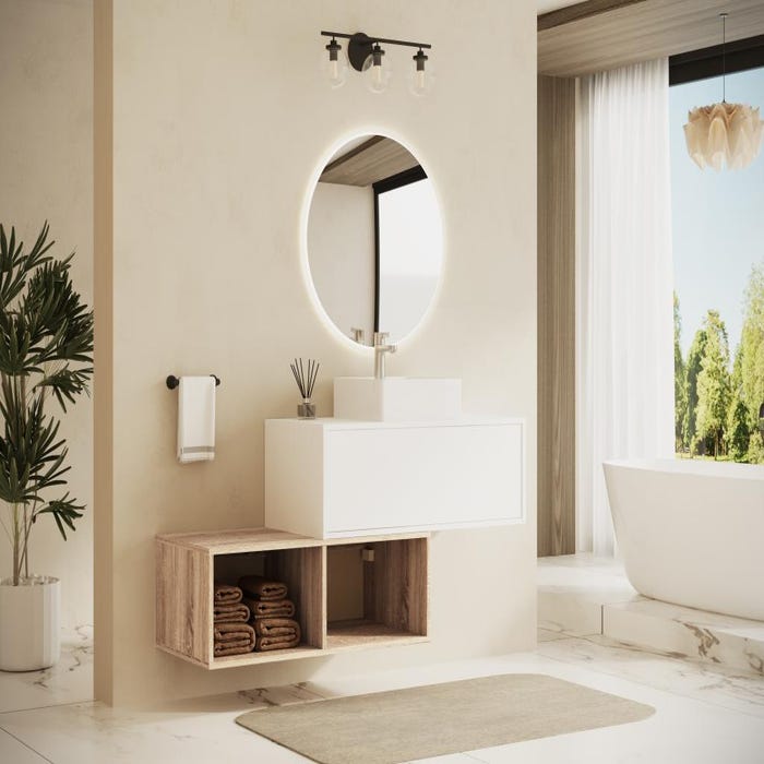 Meuble de salle de bain suspendu avec vasque carrée - 1 tiroir blanc et 2 niches naturel clair - 94 cm - TEANA II 1