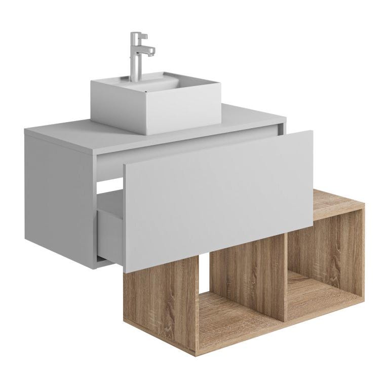 Meuble de salle de bain suspendu avec vasque carrée - 1 tiroir blanc et 2 niches naturel clair - 94 cm - TEANA II 3