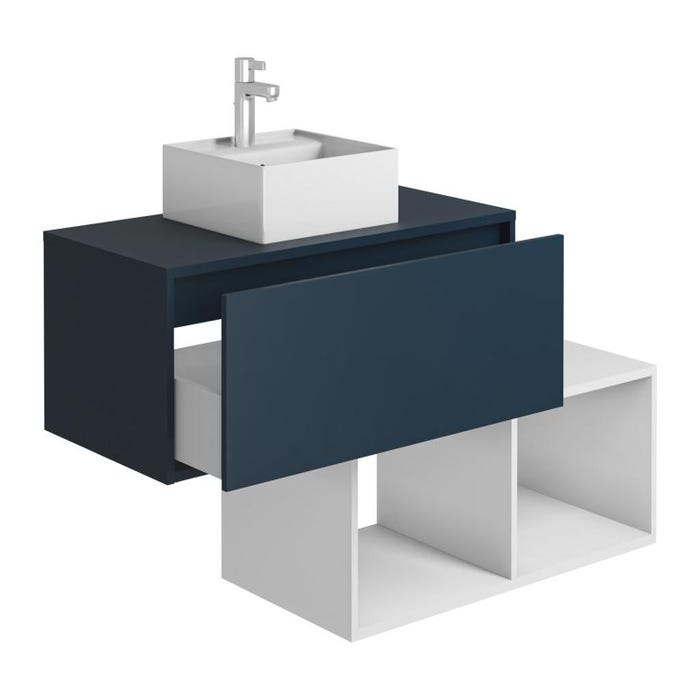 Meuble de salle de bain suspendu avec vasque carrée - 1 tiroir bleu et 2 niches blanches - 94 cm - TEANA II 3