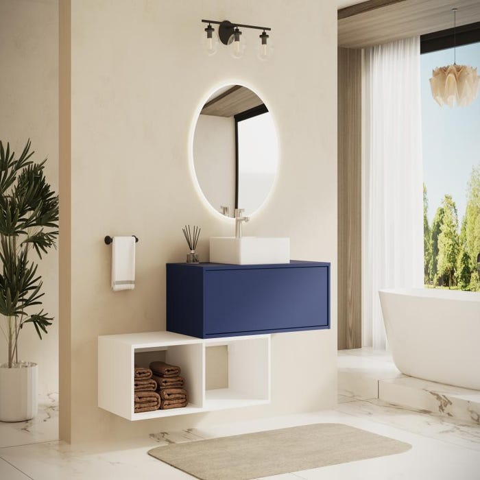 Meuble de salle de bain suspendu avec vasque carrée - 1 tiroir bleu et 2 niches blanches - 94 cm - TEANA II 1