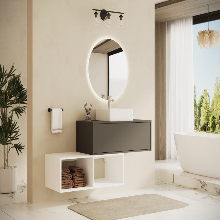 Meuble de salle de bain suspendu avec vasque carrée - 1 tiroir gris anthracite et 2 niches blanches - 94 cm - TEANA II 1