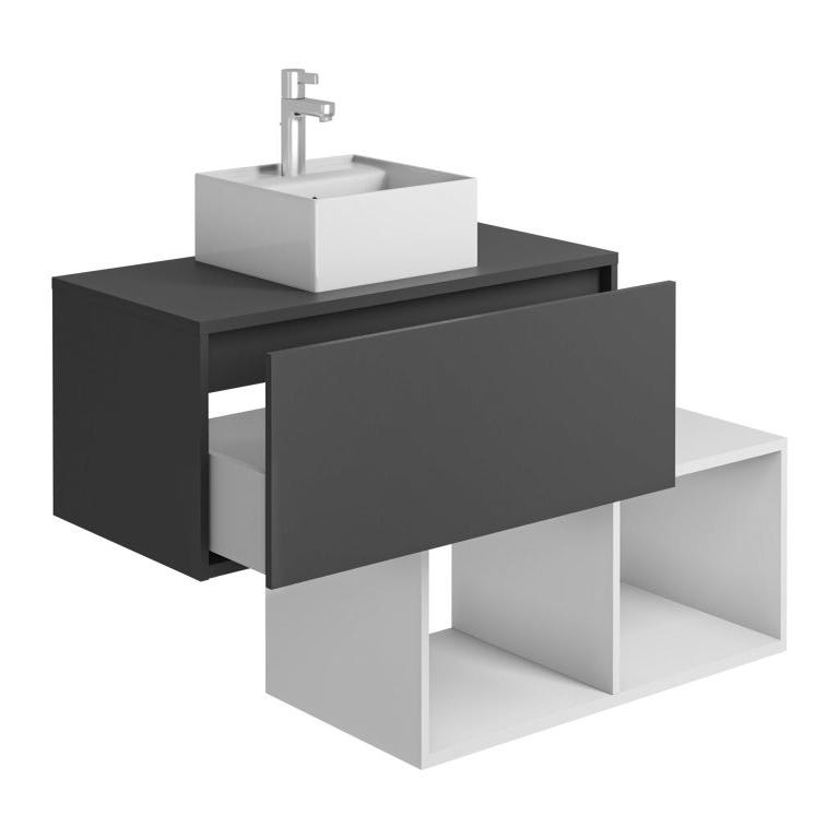 Meuble de salle de bain suspendu avec vasque carrée - 1 tiroir gris anthracite et 2 niches blanches - 94 cm - TEANA II 3