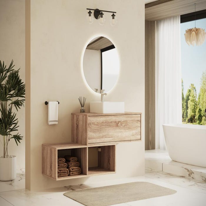 Meuble de salle de bain suspendu naturel clair avec vasque carrée - 1 tiroir et 2 niches - 94 cm - TEANA II 1