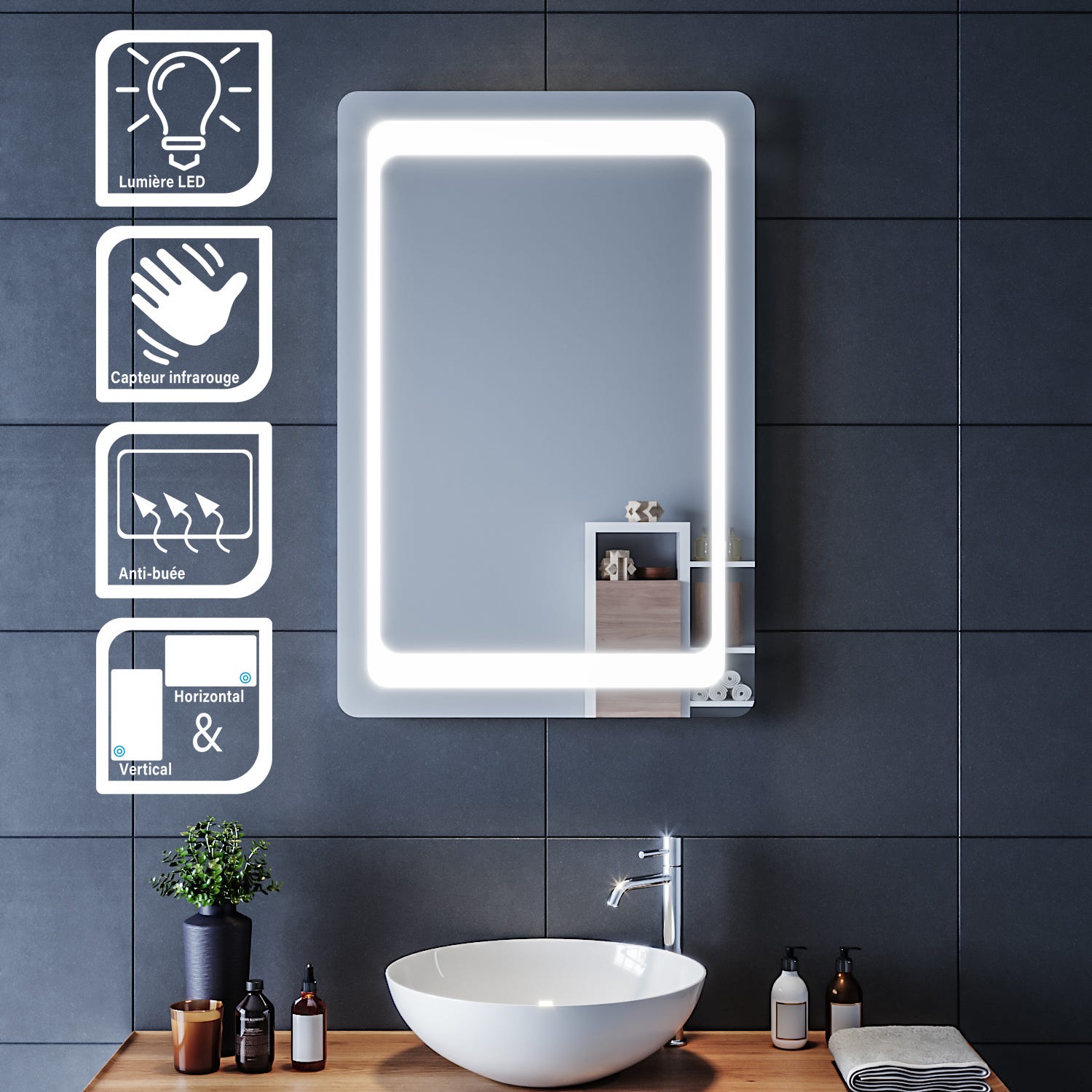 SIRHONA Miroir Salle de Bain Lumineux 90x60cm, Anti-buée Muraux LED Miroir avec Interrupteur Infrarouge, IP44 Certifiés CE 2