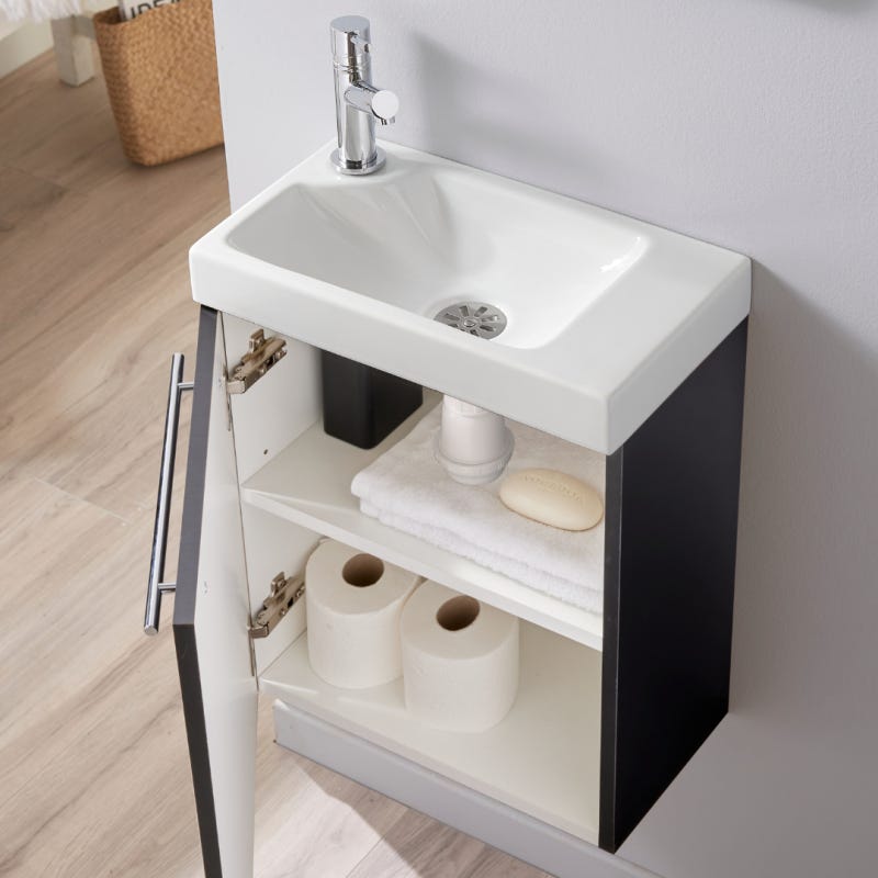 Pack lave-mains meuble Noir Mat - Mitigeur à gauche - L.42.5 X H. 52.5 cm - Hamac 2 1