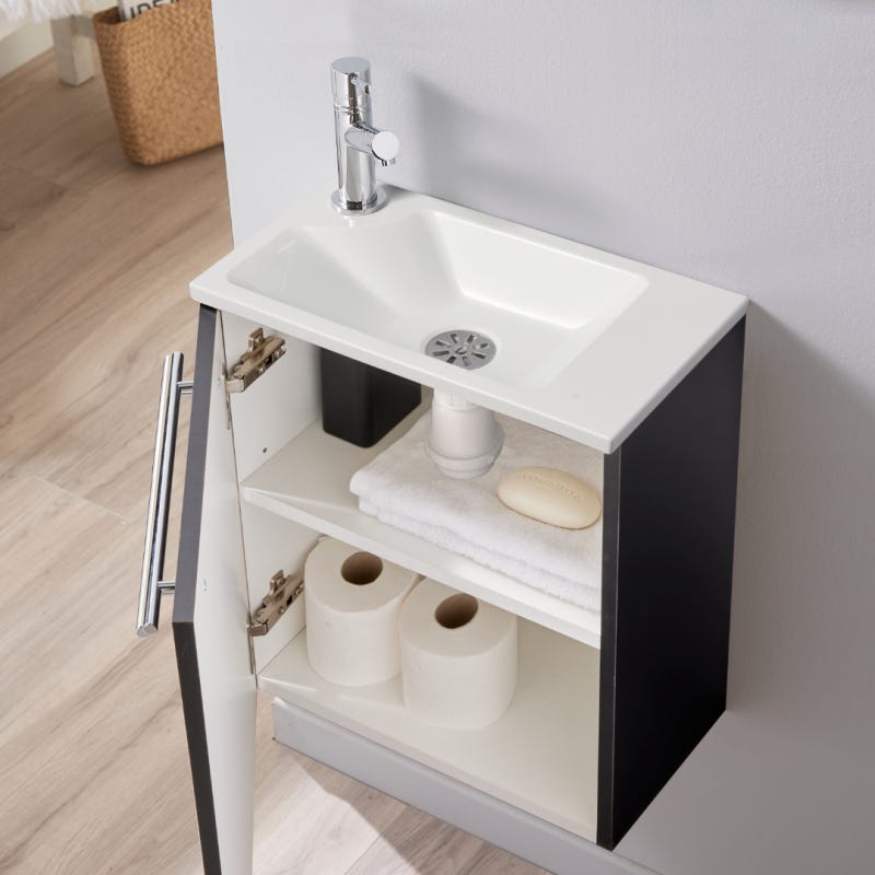 Pack lave-mains Noir Mat avec vasque design blanche - Robinetterie Eau froide à gauche - L.42.5 X H. 48.6 cm - Hanos 1