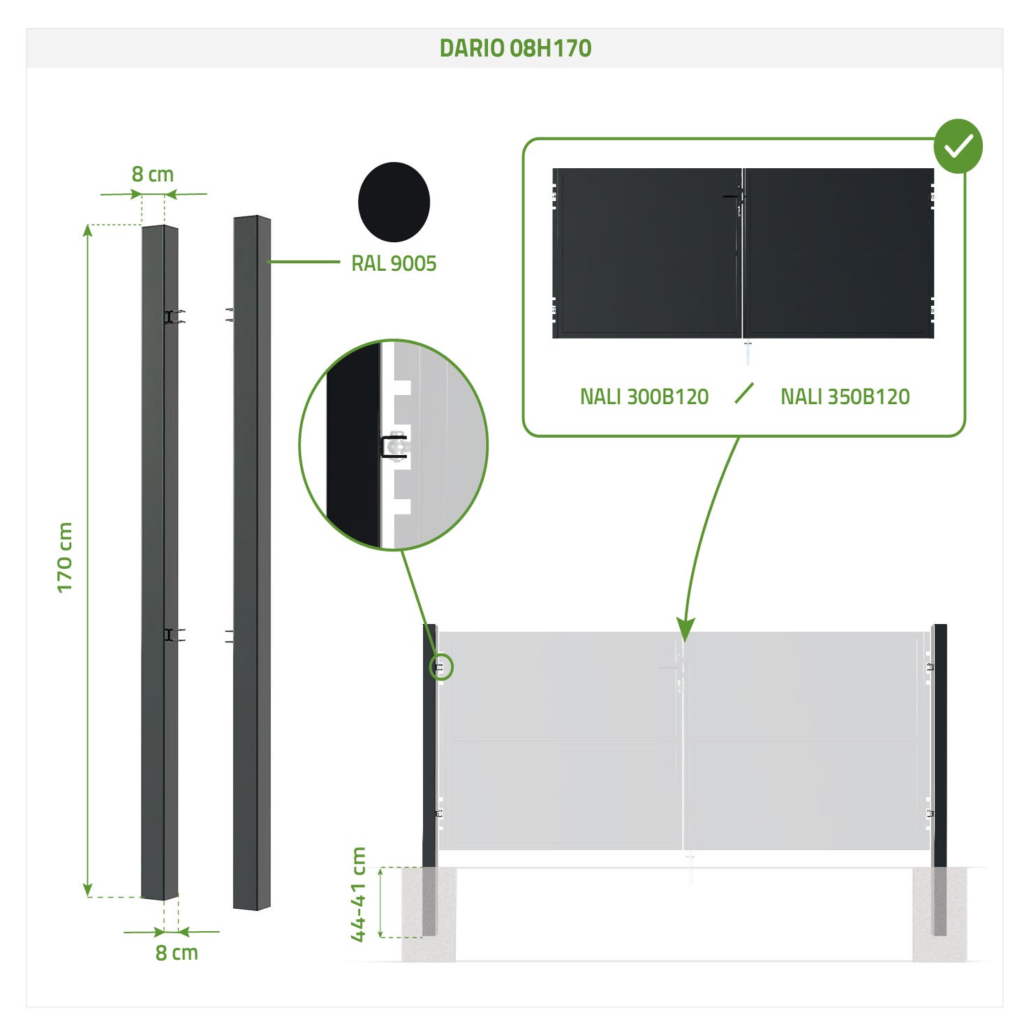 Portail battant acier 3m NALI H.1,2m NOIR BRILLANT + 2 Poteaux acier DARIO 2