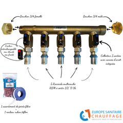 Collecteur avec vannes intégrées, raccords multicouche, bouchons, joints ... Version 5 sorties 0