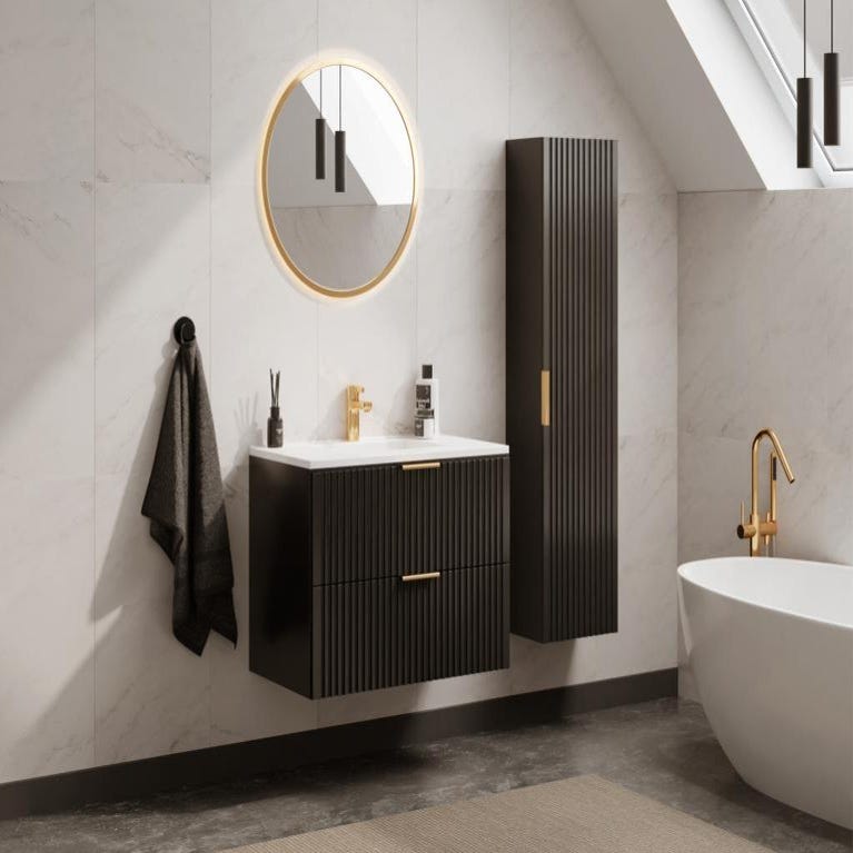 Meuble de salle de bain suspendu strié avec vasque à encastrer et colonne - Noir - 80 cm - ZEVARA 0