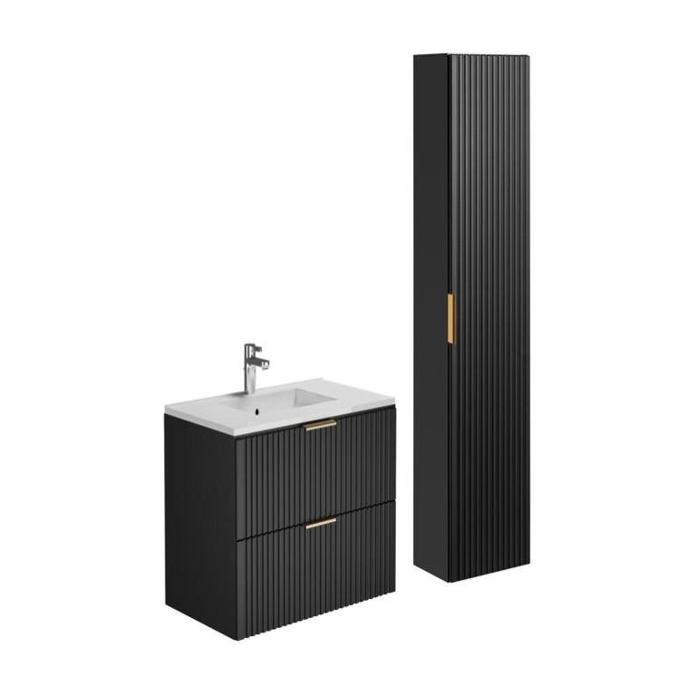 Meuble de salle de bain suspendu strié avec vasque à encastrer et colonne - Noir - 80 cm - ZEVARA 1