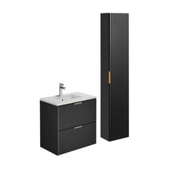 Meuble de salle de bain suspendu strié avec vasque à encastrer et colonne - Noir - 80 cm - ZEVARA 1