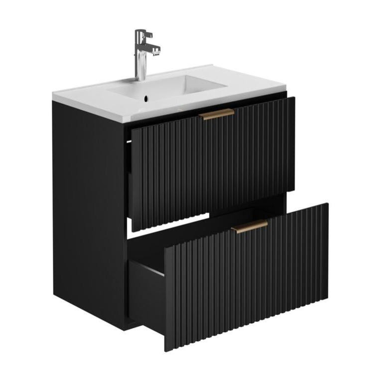 Meuble de salle de bain suspendu strié avec vasque à encastrer et colonne - Noir - 80 cm - ZEVARA 3