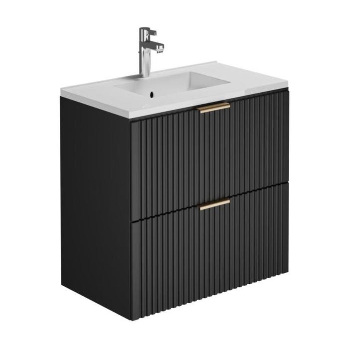 Meuble de salle de bain suspendu strié avec vasque à encastrer et colonne - Noir - 80 cm - ZEVARA 2
