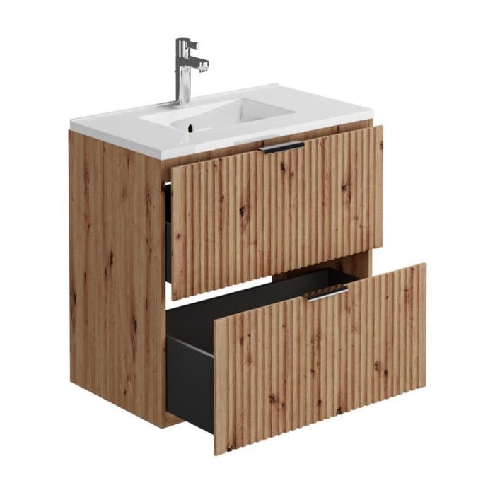 Meuble de salle de bain suspendu strié avec vasque à encastrer et colonne - Coloris naturel clair - 80 cm - ZEVARA 3