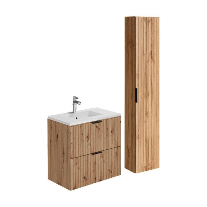 Meuble de salle de bain suspendu strié avec vasque à encastrer et colonne - Coloris naturel clair - 80 cm - ZEVARA 1