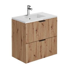 Meuble de salle de bain suspendu strié avec vasque à encastrer et colonne - Coloris naturel clair - 80 cm - ZEVARA 2