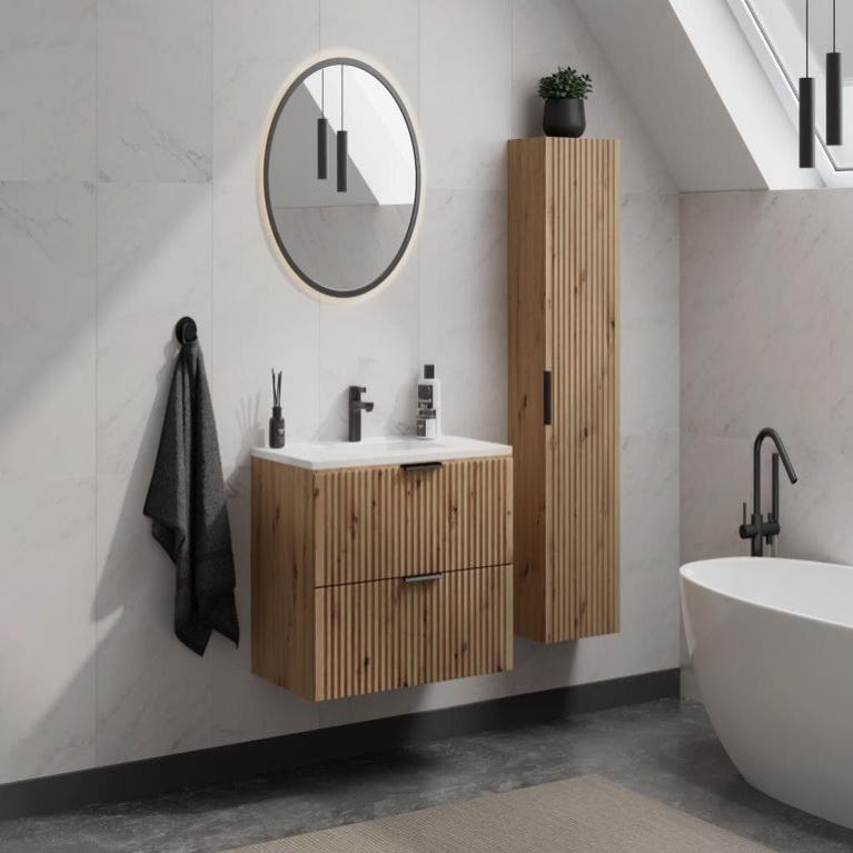 Meuble de salle de bain suspendu strié avec vasque à encastrer et colonne - Coloris naturel clair - 80 cm - ZEVARA 0