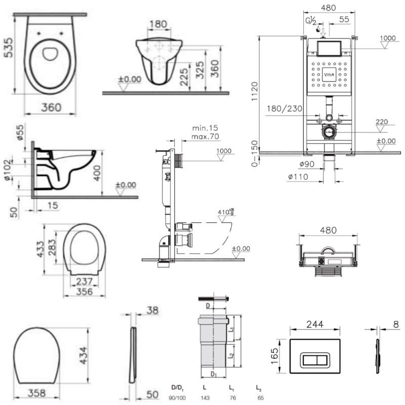 Vitra Pack WC Bâti-support V-Fix + WC sans bride Vitra Normus + Abattant SoftClose + Plaque, Blanc Brillant (V-FixNormusRimless-1) 4
