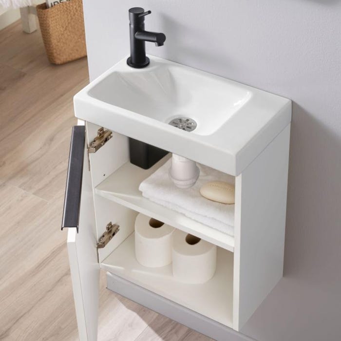 Pack lave-mains Blanc Mat avec poignée noire et vasque - Robinetterie Eau froide à gauche - L.42.5 X H. 52.5 cm - Hamac 2 1