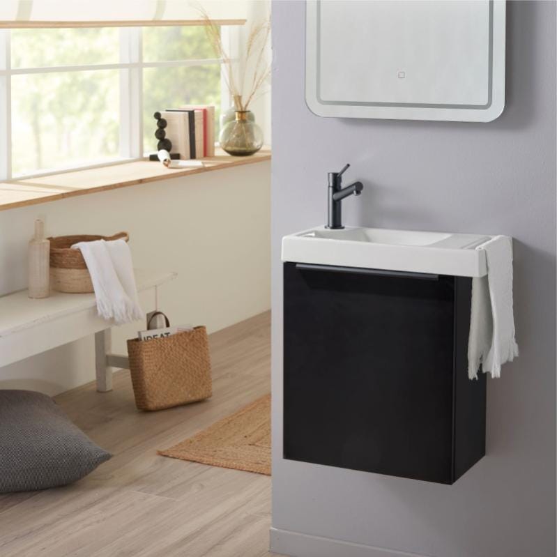Pack lave-mains Meuble Noir mat avec Poignée noire et porte serviette - robinetterie eau froide à gauche - L.48XH.52.5 cm 0