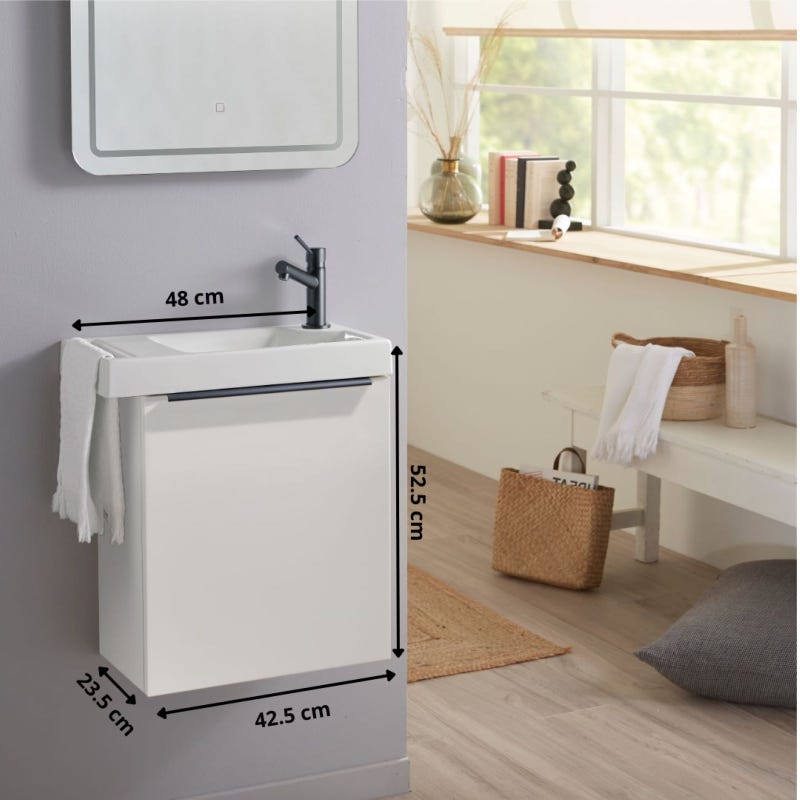 Pack lave-mains Meuble Blanc Mat avec poignée noire et porte serviette - robinet eau froide à droite - L.48 X H.52.5 cm 2