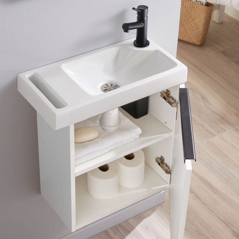 Pack lave-mains Meuble Blanc Mat avec poignée noire et porte serviette - robinet eau froide à droite - L.48 X H.52.5 cm 1