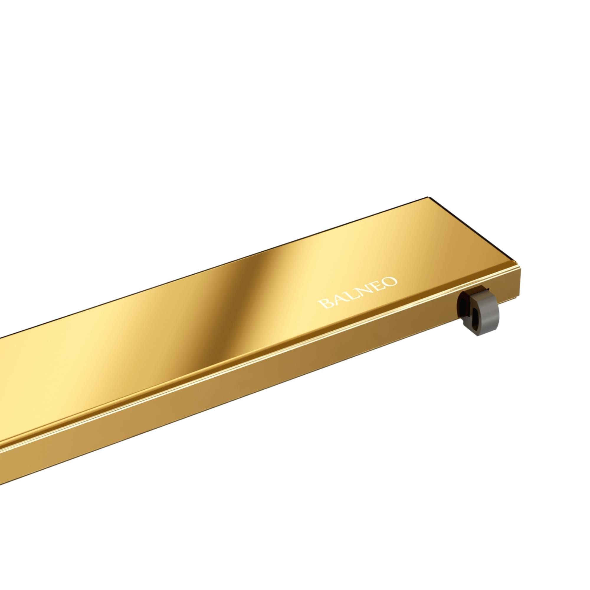 Balneo Caniveau de douche 2 en 1, en Acier Inox 90cm, finition miroir gold, avec Siphon, Duplex Next 2