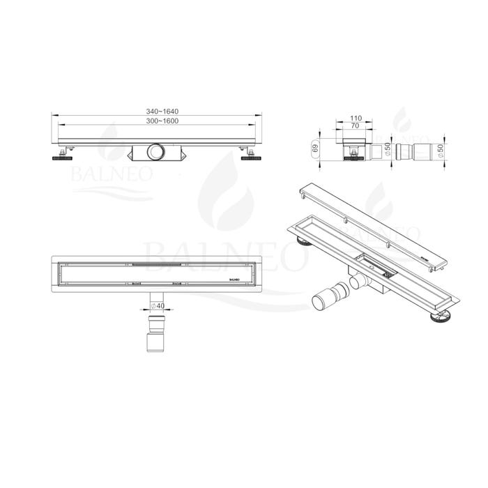 Balneo Caniveau de douche 2 en 1, en Acier Inox 100cm, finition miroir chrome, avec Siphon, Duplex Next 6