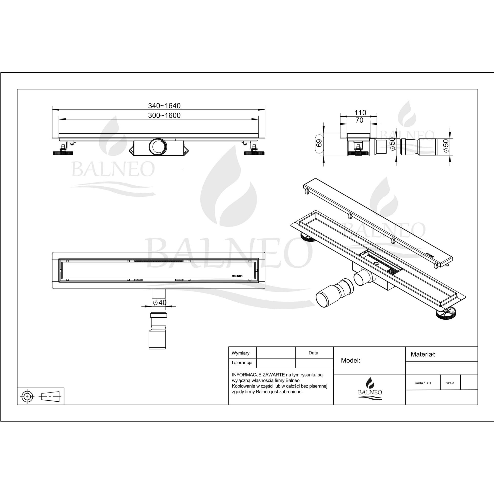 Balneo Caniveau de douche 2 en 1, en Acier Inox 70cm, finition miroir gold, avec Siphon, Duplex Next 6