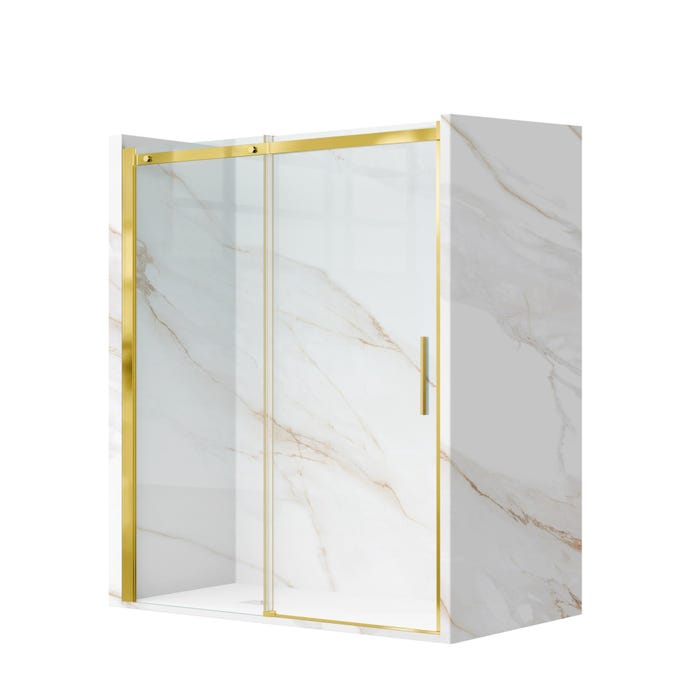 Porte De Douche Battante 100x195 cm en verre trempé transparent anticalcaire de 6 mm avec un cadre doré 0