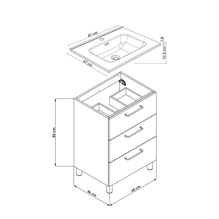 Meuble salle de bain 60cm 3 tiroirs bleu + Plan à poser Bleu Nuit 60 cm avec rangement + plan vasque à poser KOBO 3