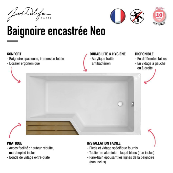Pack baignoire bain douche 160 x 90 JACOB DELAFON Neo version gauche + tablier 3