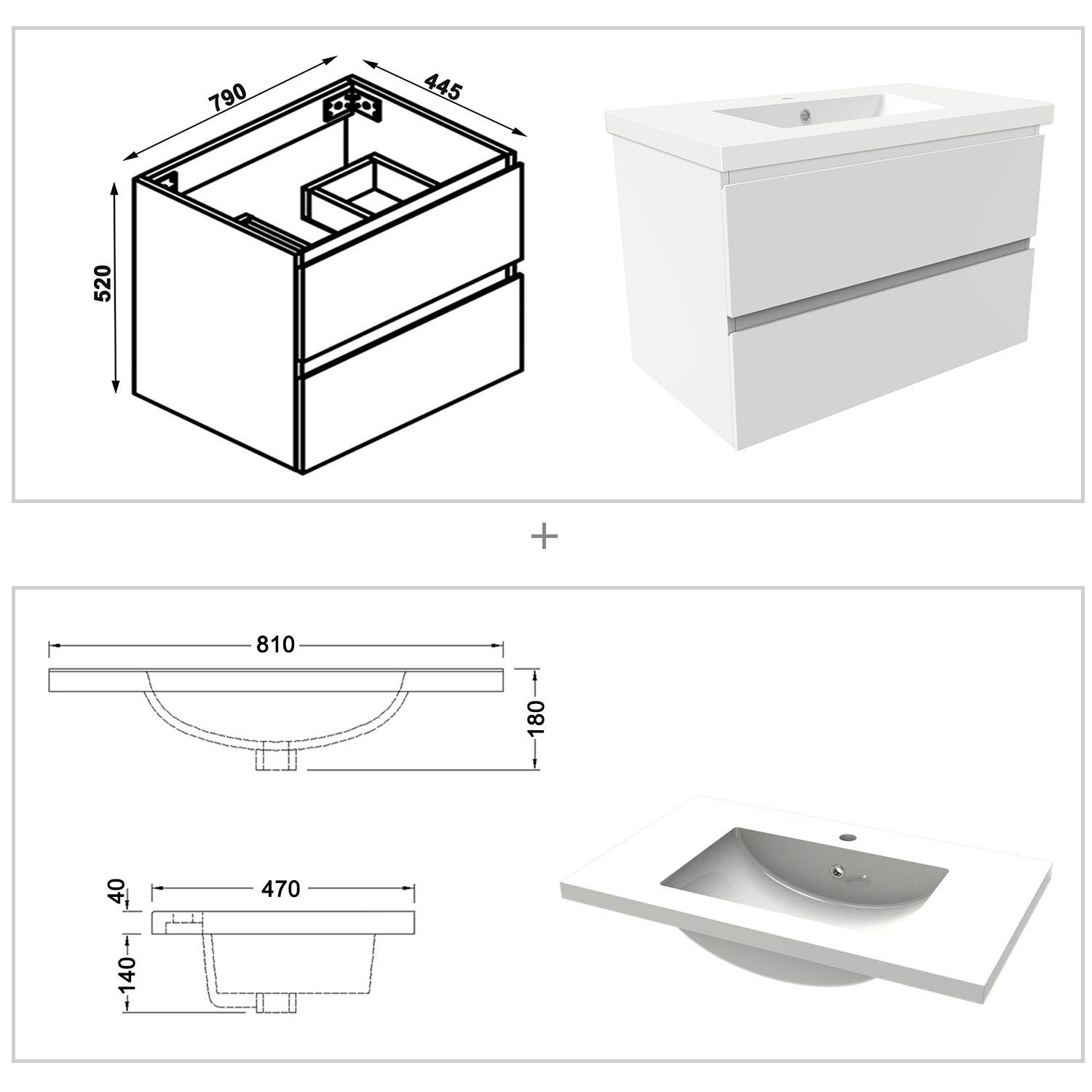 Ensemble meuble de salle de bain 80cm, vasque + colonne + LED miroir,blanc 3