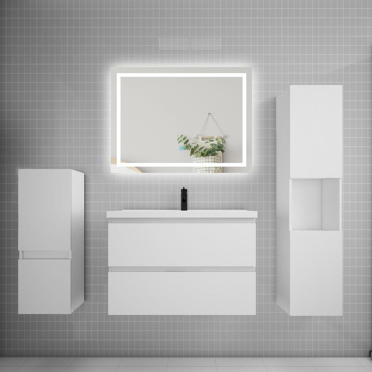 Ensemble meuble de salle de bain 80cm, vasque + colonne + LED miroir,blanc 0